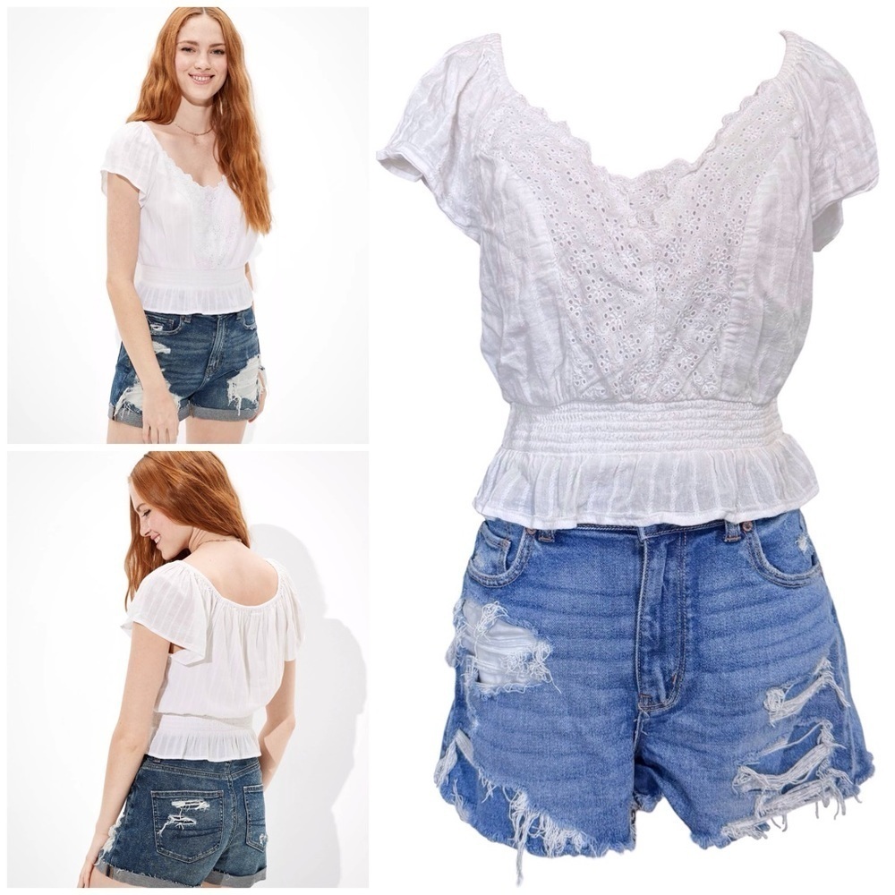 American Eagle Puff Sleeve Eyelet Bubble Blouse Size Medium White